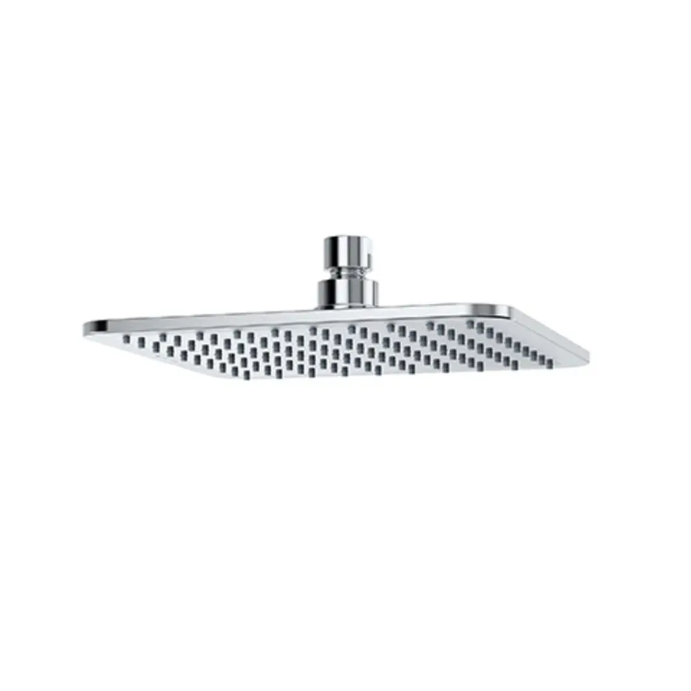Eckige, glänzende Duschbrause von Kludi mit einer flachen, verchromten Oberfläche und regelmäßigen Wasserstrahlöffnungen. Sie wird an der Decke montiert.